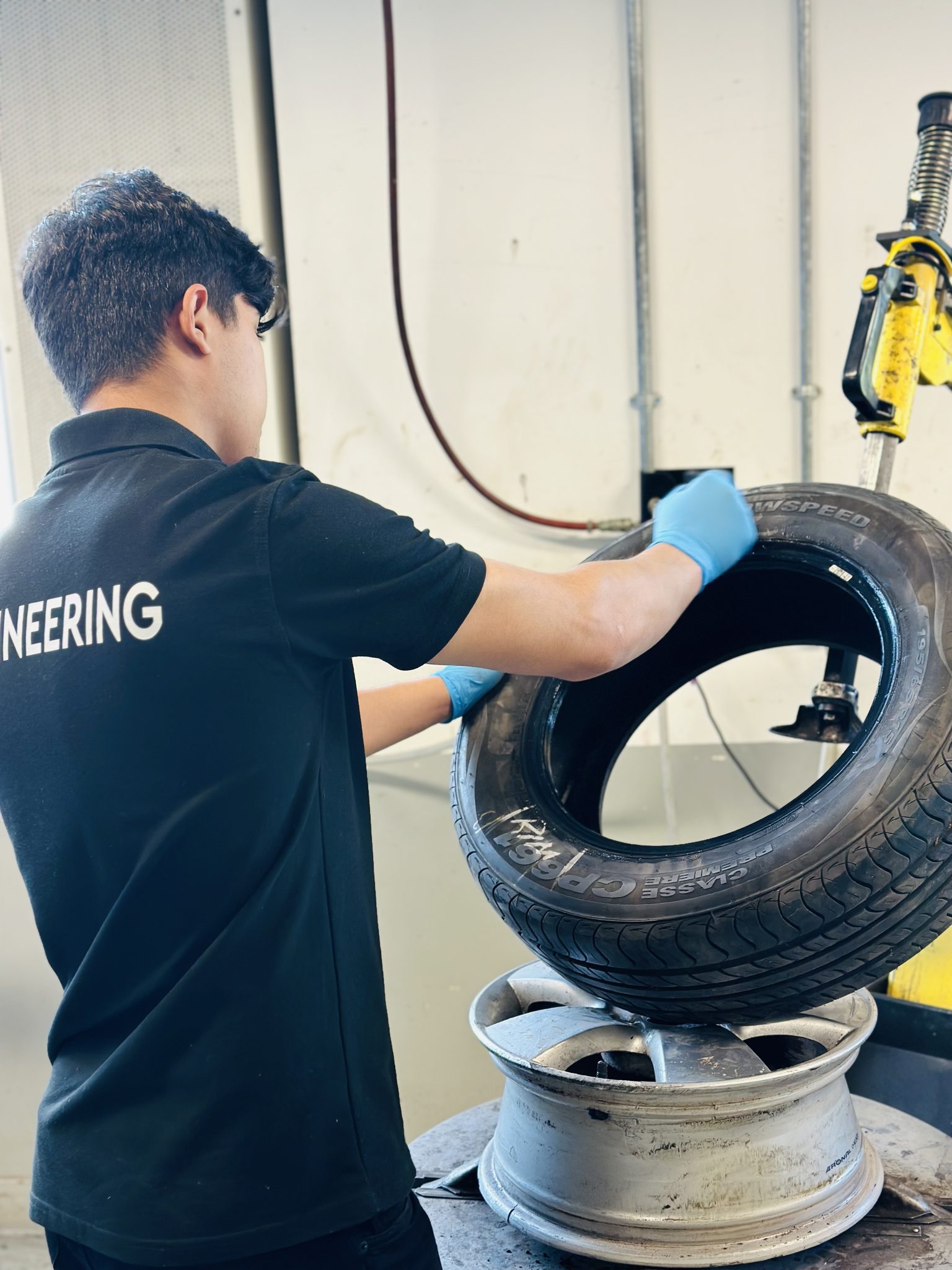 Tyre fitting at Salek garage, Ashford